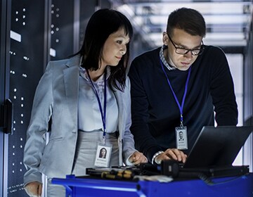 picture of  two people on a laptop in a server database 